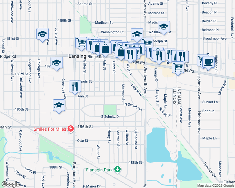 map of restaurants, bars, coffee shops, grocery stores, and more near 3410 Ann Street in Lansing