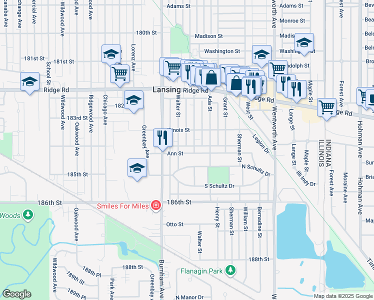 map of restaurants, bars, coffee shops, grocery stores, and more near 3254 Ann Street in Lansing