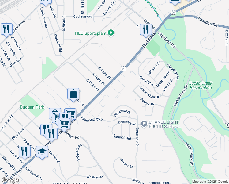 map of restaurants, bars, coffee shops, grocery stores, and more near 19520 Euclid Avenue in Euclid