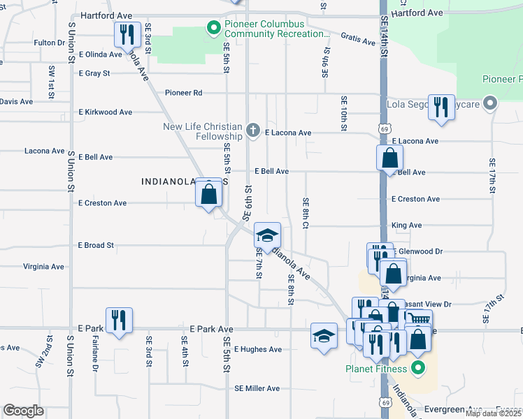 map of restaurants, bars, coffee shops, grocery stores, and more near 2704 Southeast 7th Street in Des Moines