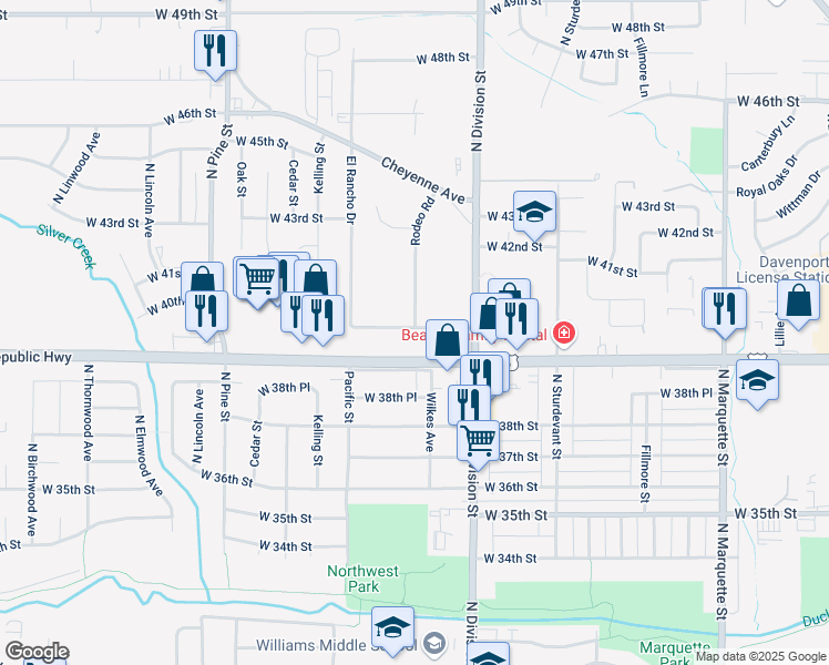 map of restaurants, bars, coffee shops, grocery stores, and more near 1815 West 40th Street in Davenport