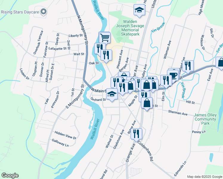 map of restaurants, bars, coffee shops, grocery stores, and more near 98 West Main Street in Walden