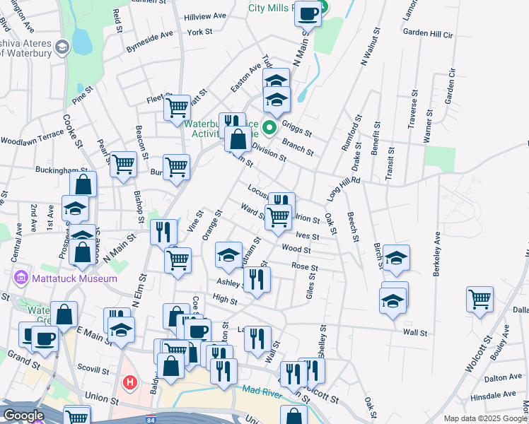map of restaurants, bars, coffee shops, grocery stores, and more near 54 Ward Street in Waterbury