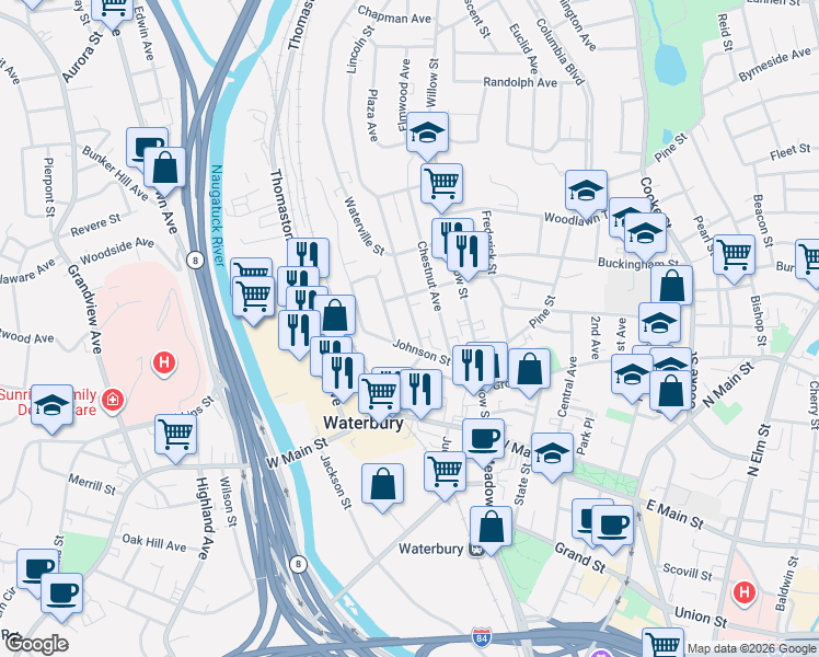 map of restaurants, bars, coffee shops, grocery stores, and more near in Waterbury