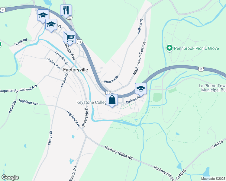 map of restaurants, bars, coffee shops, grocery stores, and more near Route 11 in Factoryville