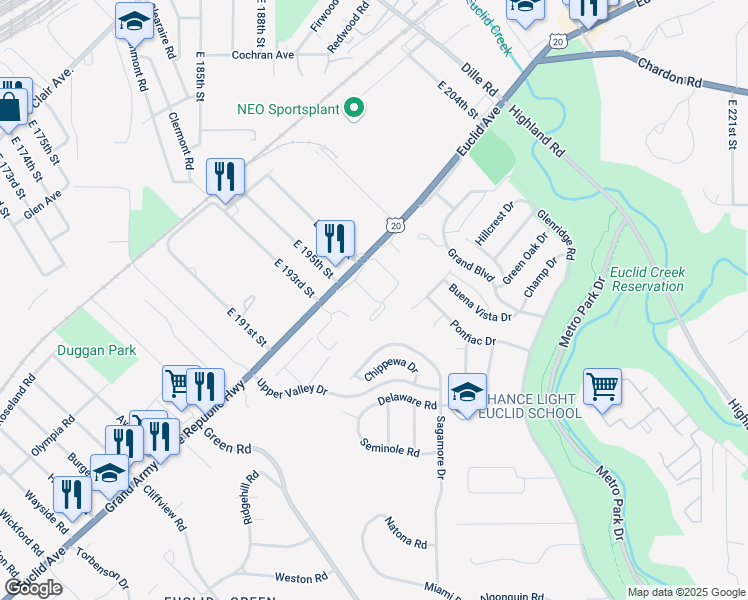 map of restaurants, bars, coffee shops, grocery stores, and more near 19520 Euclid Avenue in Euclid