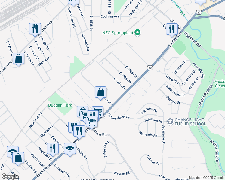 map of restaurants, bars, coffee shops, grocery stores, and more near 19201 Euclid Avenue in Euclid