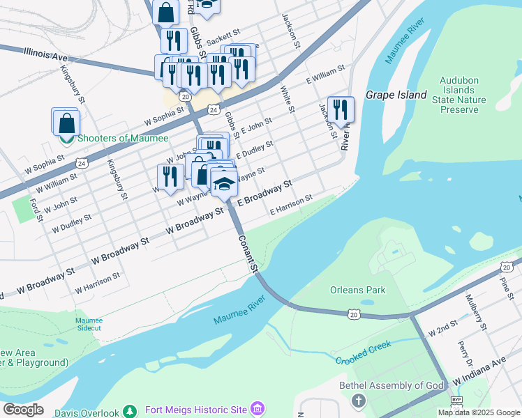 map of restaurants, bars, coffee shops, grocery stores, and more near 202 East Harrison Street in Maumee