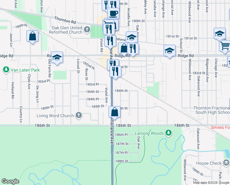 map of restaurants, bars, coffee shops, grocery stores, and more near 18418 Glen Oak Avenue in Lansing