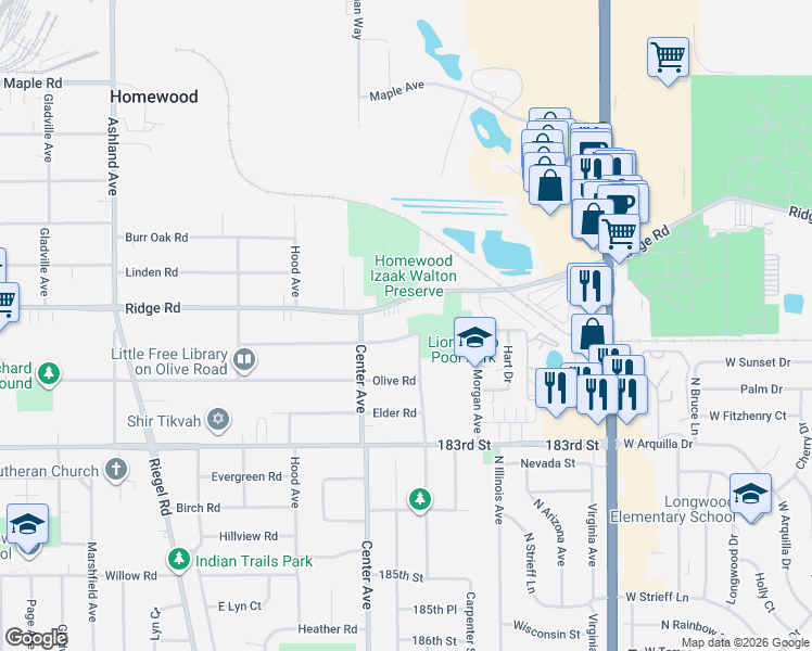 map of restaurants, bars, coffee shops, grocery stores, and more near 18124 Aberdeen Street in Homewood