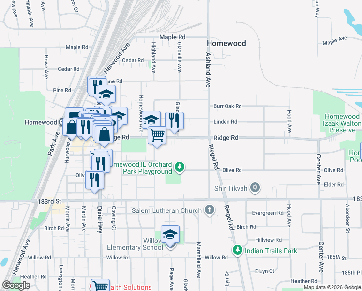 map of restaurants, bars, coffee shops, grocery stores, and more near 1711 Ridge Road in Homewood