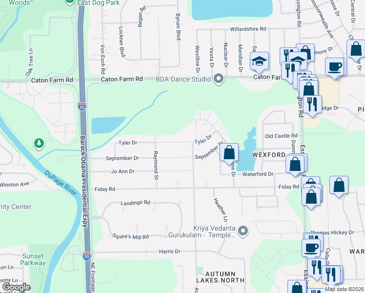 map of restaurants, bars, coffee shops, grocery stores, and more near 3001 September Drive in Joliet