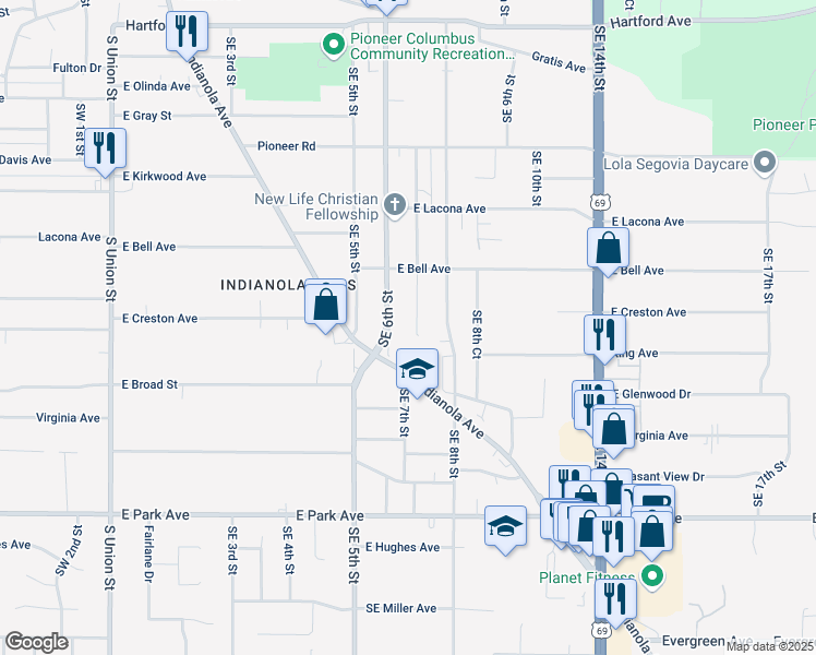 map of restaurants, bars, coffee shops, grocery stores, and more near 2704 Southeast 7th Street in Des Moines
