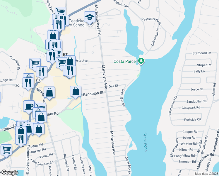map of restaurants, bars, coffee shops, grocery stores, and more near 57 Oak Street in Falmouth