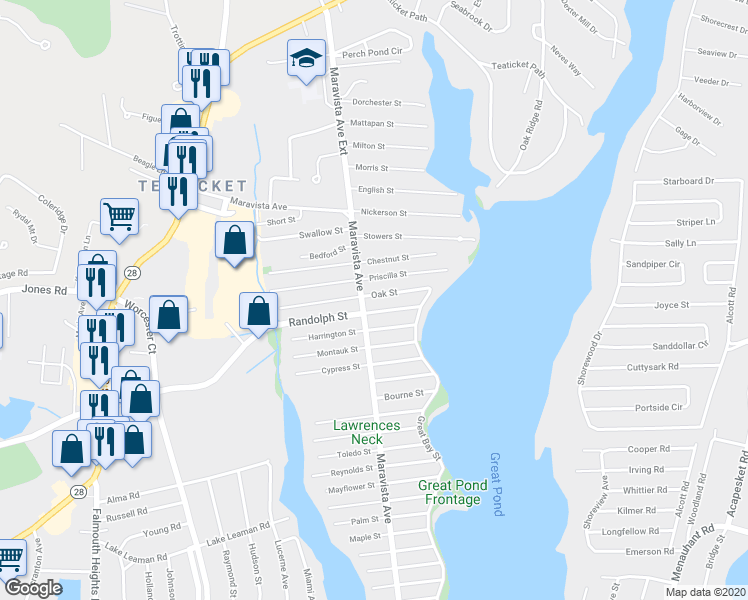 map of restaurants, bars, coffee shops, grocery stores, and more near 57 Oak Street in Falmouth