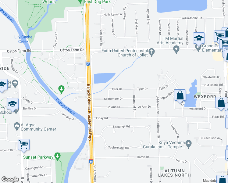 map of restaurants, bars, coffee shops, grocery stores, and more near 3118 Tyler Drive in Joliet