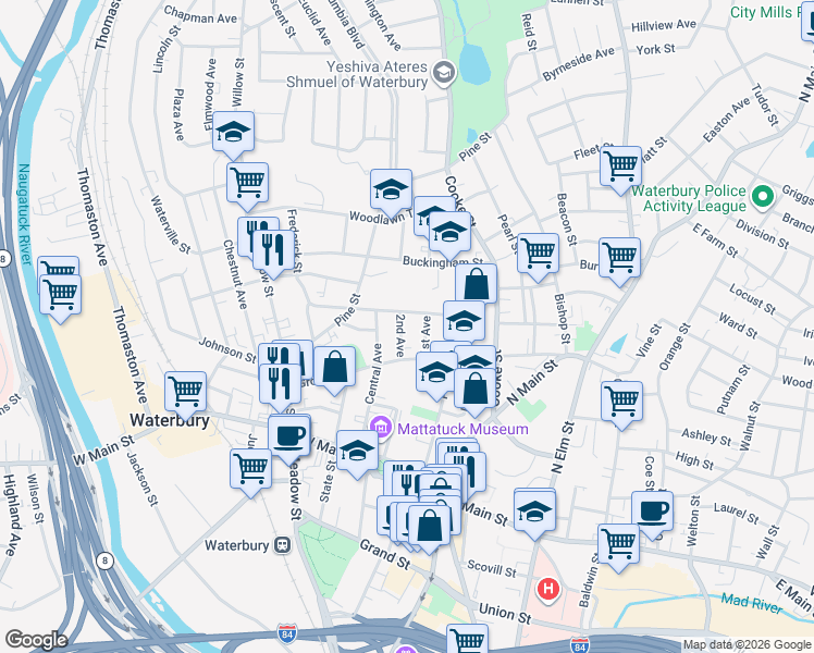 map of restaurants, bars, coffee shops, grocery stores, and more near 17 2nd Avenue in Waterbury