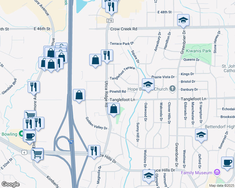 map of restaurants, bars, coffee shops, grocery stores, and more near 1123 Pinehill Road in Bettendorf