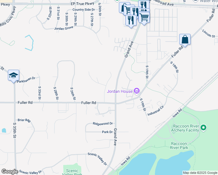 map of restaurants, bars, coffee shops, grocery stores, and more near 600 Grand Oaks Drive in West Des Moines