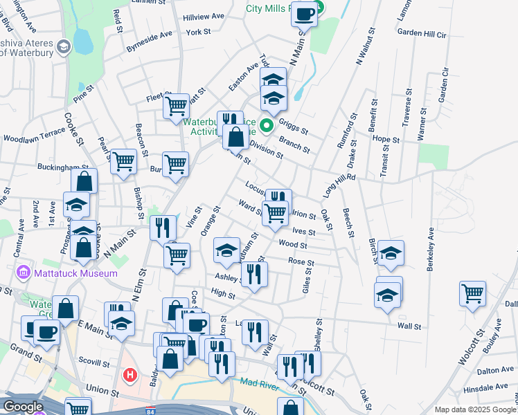 map of restaurants, bars, coffee shops, grocery stores, and more near 54 Ward Street in Waterbury