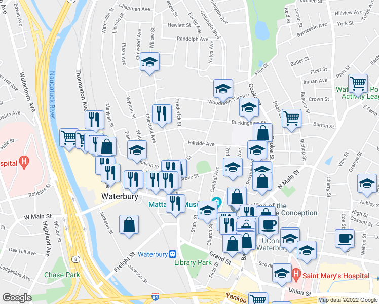 map of restaurants, bars, coffee shops, grocery stores, and more near 14 Cliff Street in Waterbury
