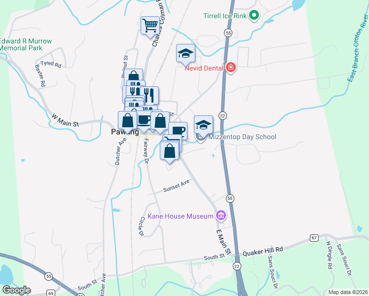 map of restaurants, bars, coffee shops, grocery stores, and more near 68 East Main Street in Pawling