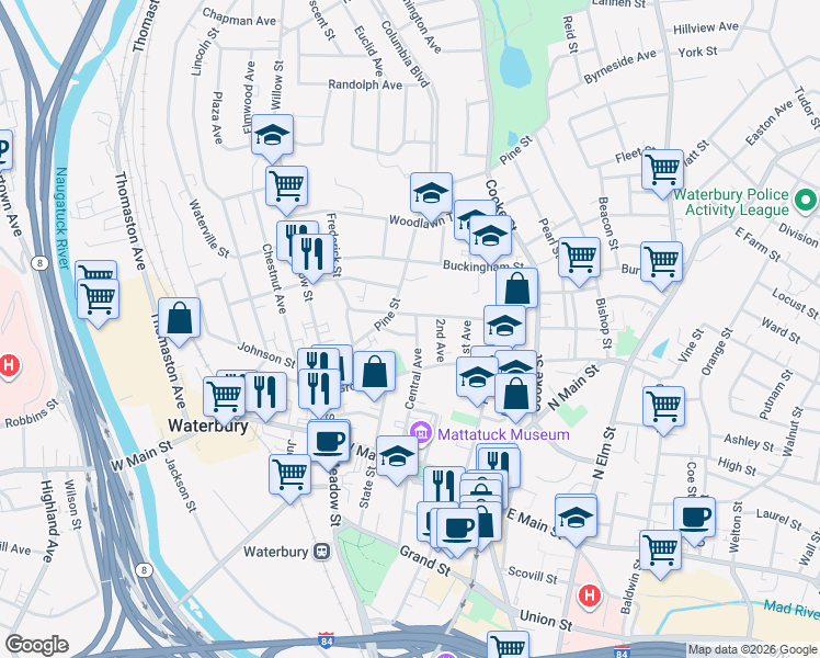 map of restaurants, bars, coffee shops, grocery stores, and more near 137 Central Avenue in Waterbury