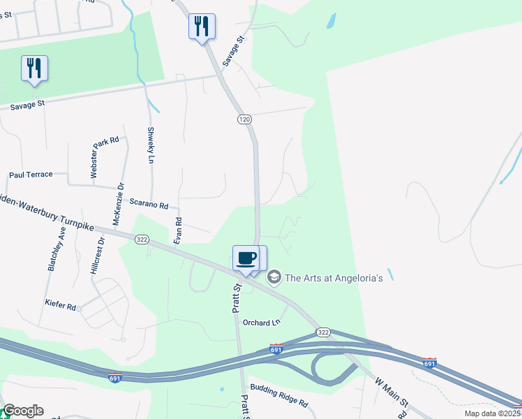 map of restaurants, bars, coffee shops, grocery stores, and more near 1555 Meriden Avenue in Southington