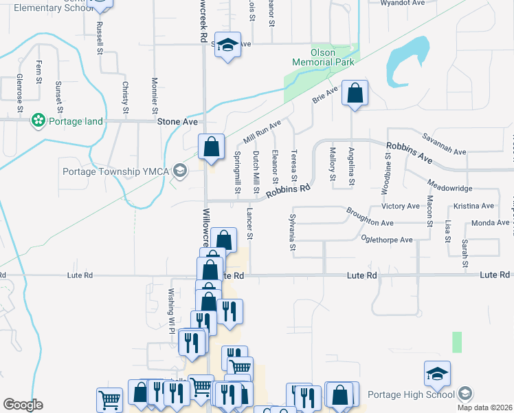 map of restaurants, bars, coffee shops, grocery stores, and more near 3176 Lancer Street in Portage