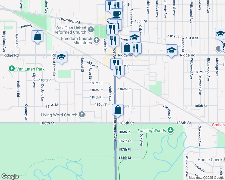 map of restaurants, bars, coffee shops, grocery stores, and more near 2356 184th Place in Lansing