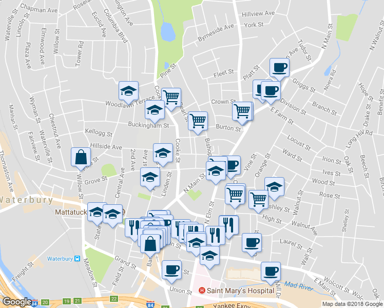 map of restaurants, bars, coffee shops, grocery stores, and more near Pearl Street & Hawkins Street in Waterbury