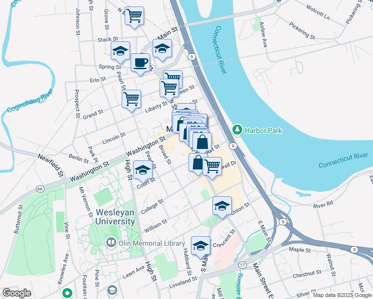 map of restaurants, bars, coffee shops, grocery stores, and more near 190 Court Street in Middletown