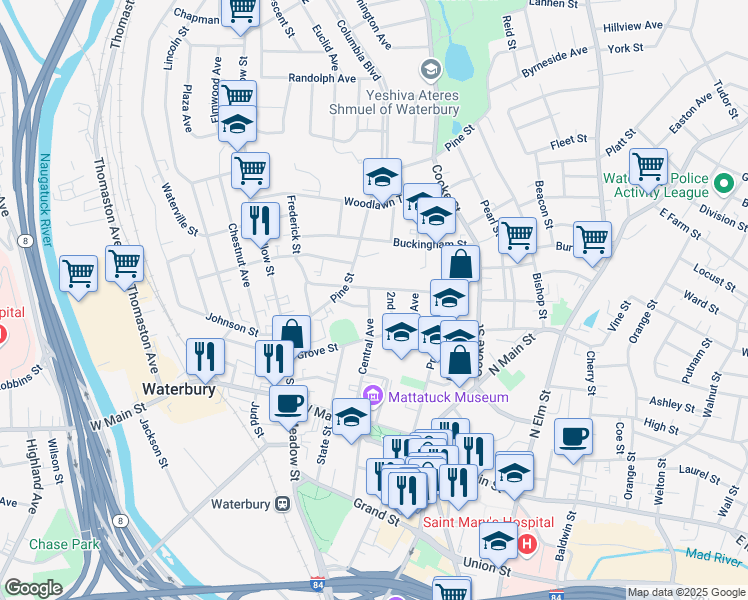 map of restaurants, bars, coffee shops, grocery stores, and more near 17 2nd Avenue in Waterbury