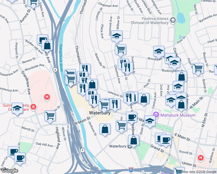 map of restaurants, bars, coffee shops, grocery stores, and more near in Waterbury