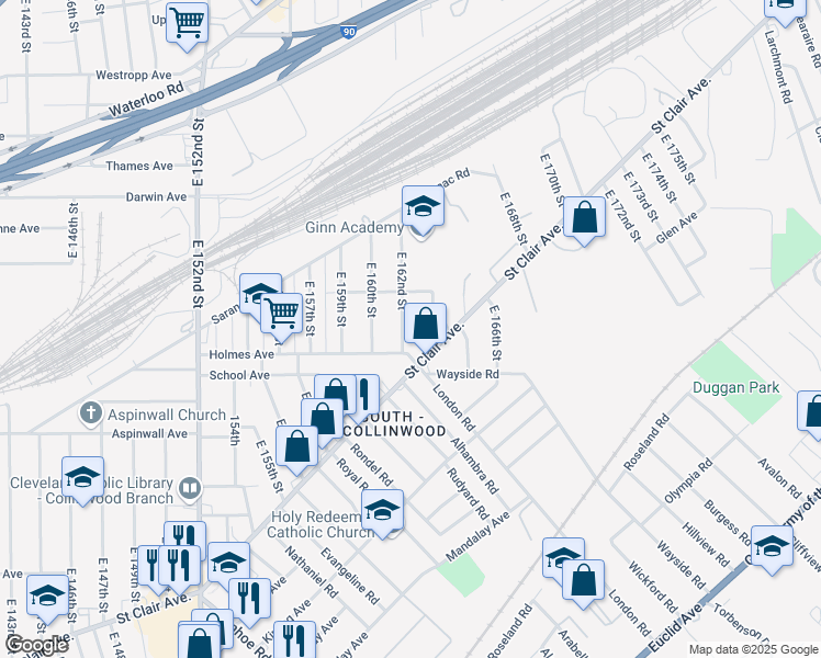 map of restaurants, bars, coffee shops, grocery stores, and more near 1447 East 162nd Street in Cleveland