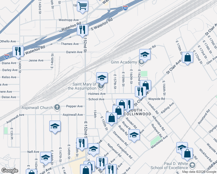 map of restaurants, bars, coffee shops, grocery stores, and more near 15621 Holmes Avenue in Cleveland