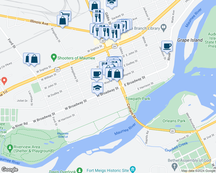 map of restaurants, bars, coffee shops, grocery stores, and more near 205 West Broadway Street in Maumee