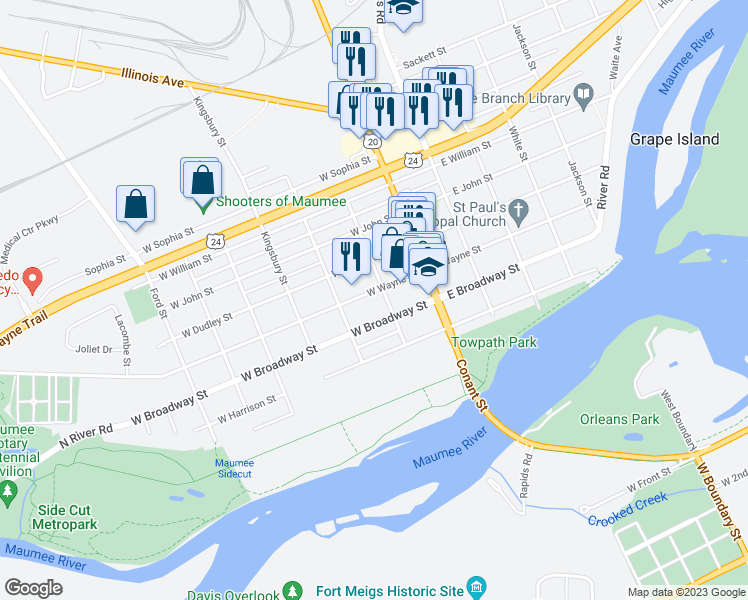 map of restaurants, bars, coffee shops, grocery stores, and more near 205 West Broadway Street in Maumee