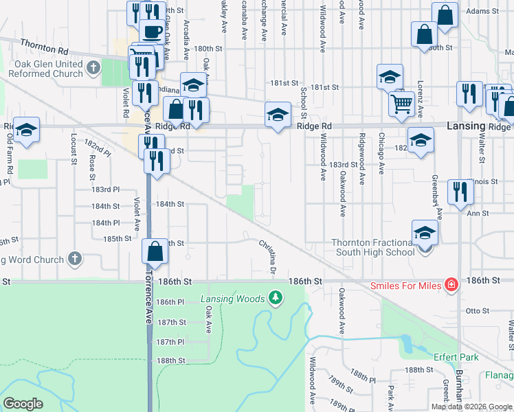 map of restaurants, bars, coffee shops, grocery stores, and more near 18400 Exchange Avenue in Lansing
