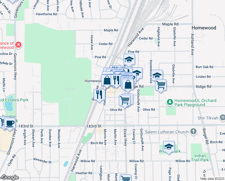 map of restaurants, bars, coffee shops, grocery stores, and more near 8132 Martin Avenue in Homewood