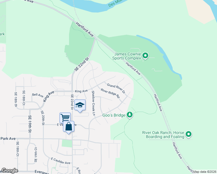 map of restaurants, bars, coffee shops, grocery stores, and more near 2801 River Ridge Road in Des Moines