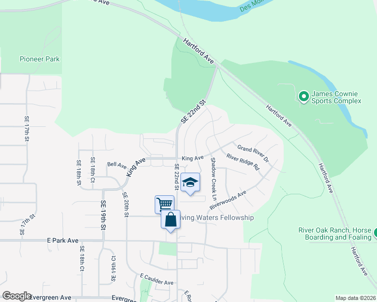 map of restaurants, bars, coffee shops, grocery stores, and more near 2630 River Meadows Drive in Des Moines
