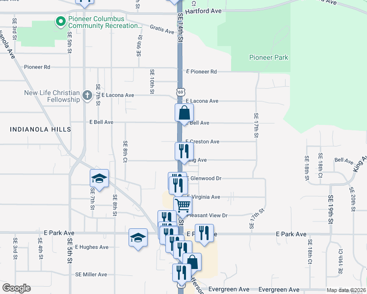 map of restaurants, bars, coffee shops, grocery stores, and more near 2740 Southeast 14th Street in Des Moines