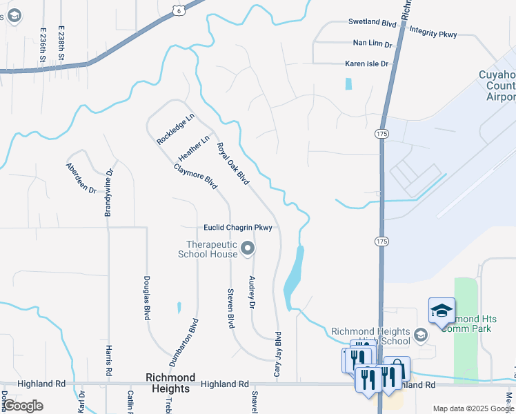 map of restaurants, bars, coffee shops, grocery stores, and more near 376 Royal Oak Boulevard in Richmond Heights