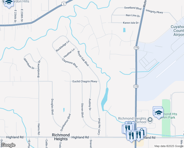 map of restaurants, bars, coffee shops, grocery stores, and more near 376 Royal Oak Boulevard in Richmond Heights