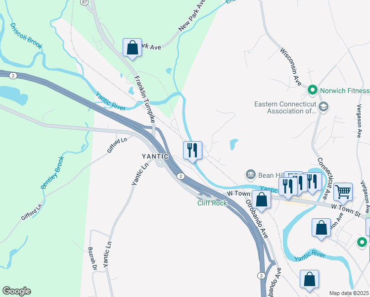 map of restaurants, bars, coffee shops, grocery stores, and more near 151 Yantic Road in Norwich
