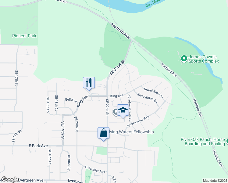 map of restaurants, bars, coffee shops, grocery stores, and more near 2630 River Meadows Drive in Des Moines