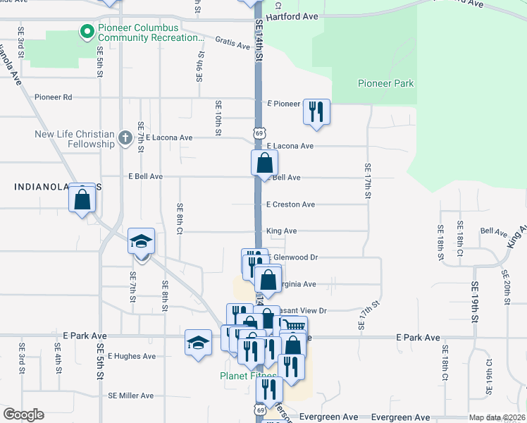 map of restaurants, bars, coffee shops, grocery stores, and more near 2740 Southeast 14th Street in Des Moines