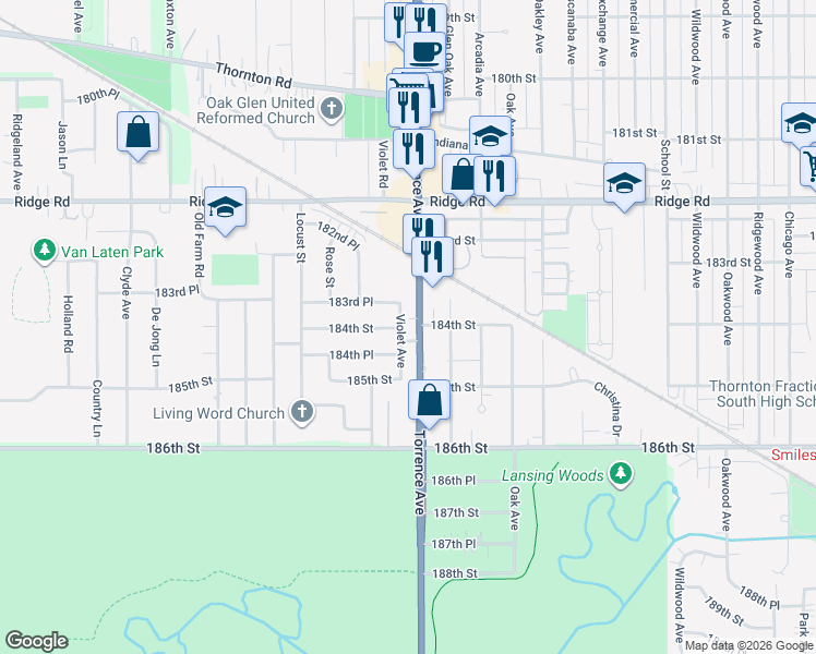map of restaurants, bars, coffee shops, grocery stores, and more near 18406 Torrence Avenue in Lansing