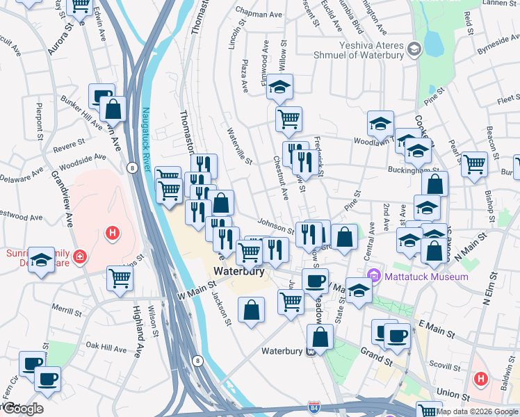 map of restaurants, bars, coffee shops, grocery stores, and more near in Waterbury